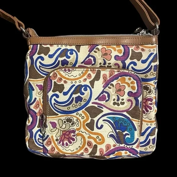 Relic Triple Zip Paisley Print Crossbody Bag with Brown Accents - Picture 3 of 12